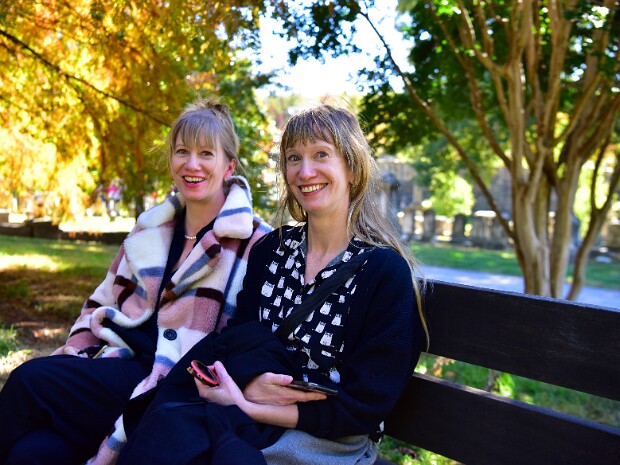Jessye and Meg at Green Mount Cemetery